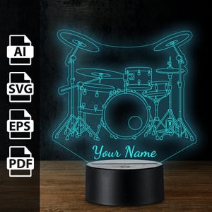 Rockband Schlagzeug Musik personalisierte 3D-Lampe Acryl-LED-Licht | Laserschnittdateien ai, eps, pdf, svg