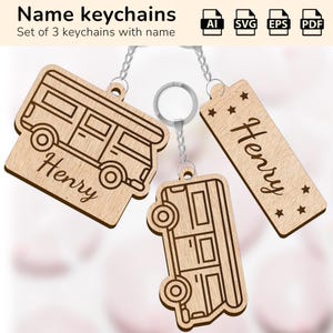 Camper van keychain key ring charm | personalized name sign | laser cut design glowforge | Ai, EPS, PDF, SVG