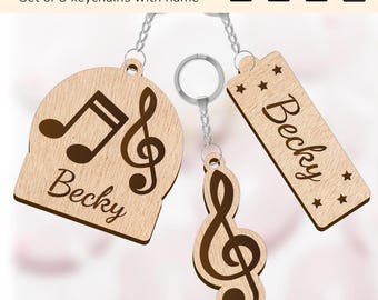 Music notes keychain key ring charm | personalized name sign | laser cut design glowforge | Ai, EPS, PDF, SVG