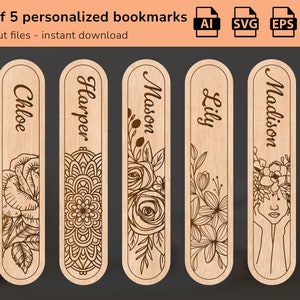 Paquete de marcadores florales personalizados conjunto de 5 svg Plantilla de madera Archivos grabados cortados con láser Regalo amante del libro Regalo del maestro Glowforge