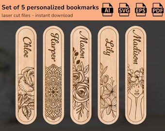 Personalized Floral bookmarks bundle set of 5 svg Wooden template Engraved laser cut files Book lover gift Teacher gift Glowforge