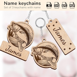 Chaveiro de peixe para pesca | Placa de nome personalizada | Design de corte a laser glowforge | Ai, EPS, PDF, SVG