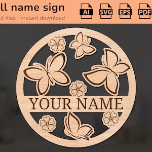 Panneau de nom de mur de pépinière de fleurs de nature de papillon | décoration intérieure | conception découpée au laser | pour les enfants | Ai, EPS, PDF, DXF