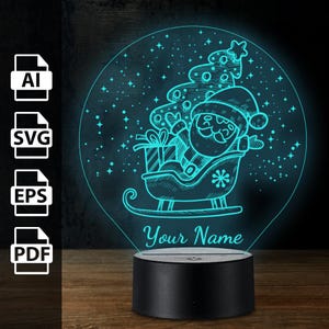 Kerstman op slee kerstboom cadeaus sneeuwvlokken gepersonaliseerde 3D-lamp acryl led-licht | lasergesneden bestanden ai, eps, pdf, svg