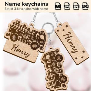 Llavero con dije de bombero de camión de bomberos / Letrero con nombre personalizado / Diseño cortado a láser Glowforge / Ai, EPS, PDF, SVG