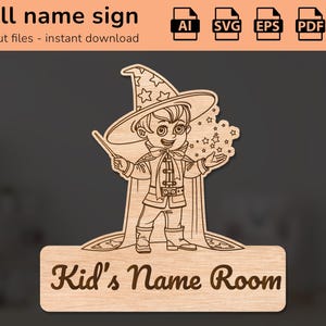 Zauberer magisches Namensschild | Inneneinrichtung | Lasergeschnittenes Design | für Kinder | Ai, EPS, PDF, DXF