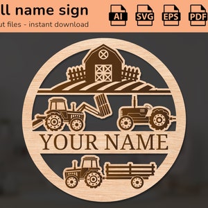 Tractors on a farm nursery wall name sign | interior decor | laser cut design | for kids | Ai, EPS, PDF, DXF