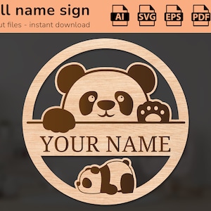 Sinal de nome de urso panda bonito | decoração de interiores | desenho de corte a laser | para crianças | AI, EPS, PDF, DXF