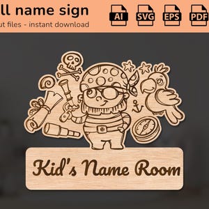 Piraten-Namensschild | Inneneinrichtung | Lasergeschnittenes Design | für Kinder | Ai, EPS, PDF, DXF