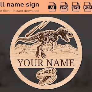 T-rex dinosaur nursery wall name sign | interior decor | laser cut design | for kids | Ai, EPS, PDF, DXF