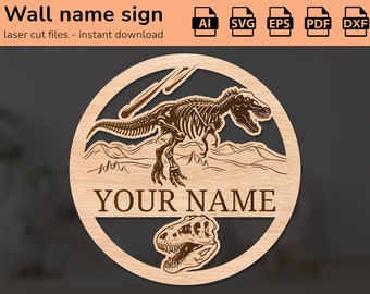 Väggskylt med T-rex dinosauriemotiv för barn | inredning | laserskuren design | för barn | AI, EPS, PDF, DXF