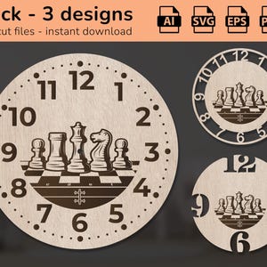 May include: Three different designs for a laser cut wooden clock featuring a chessboard with chess pieces. The clock face has numbers 1 through 12.