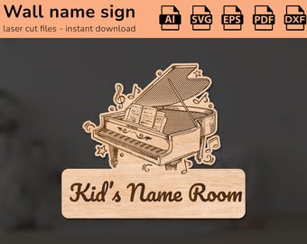 Grand piano music name sign | interior decor | laser cut design | for kids | Ai, EPS, PDF, DXF