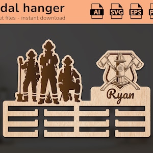 May include: Wooden medal hanger with a firefighter theme. It features four firefighter silhouettes, a fire hydrant, and the name "Ryan". The hanger has six slots for medals.