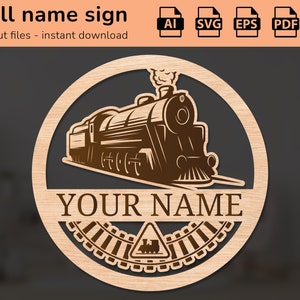 Cartello con il nome della locomotiva del treno | arredamento d'interni | disegno tagliato al laser | per bambini | Ai, EPS, PDF, DXF