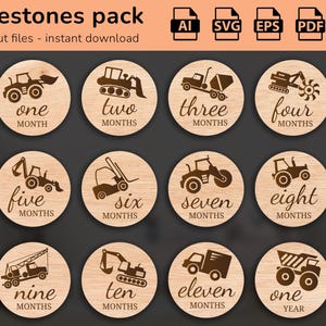 Véhicules de construction - 12 jalons mensuels de bébé dessinés à la main SVG | Fixé de quelques mois à un an | Fichier de coupe numérique | Marqueurs photo Glowforge
