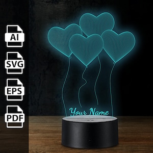 Valentines Herzballons personalisierte 3D-Lampe Acryl-LED-Licht | Laserschnittdateien ai, eps, pdf, svg