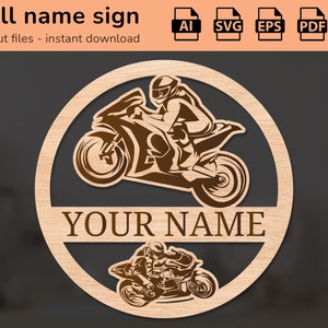 Targa con nome da parete per motociclista motociclista | arredamento d'interni | disegno tagliato al laser | per bambini | Ai, EPS, PDF, DXF