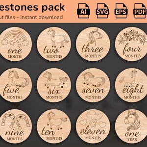 Licornes - 12 jalons mensuels de bébé dessinés à la main SVG | Fixé de quelques mois à un an | Fichier de coupe numérique | Marqueurs photo Glowforge
