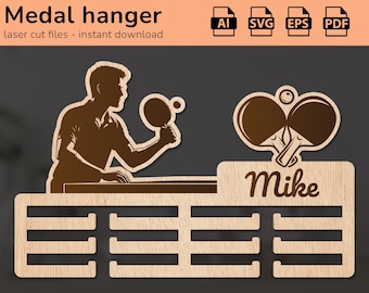 May include: A wooden medal hanger with a table tennis theme. The hanger has a silhouette of a table tennis player and two crossed paddles. The name "Mike" is engraved on the hanger. The hanger has 8 slots for medals.