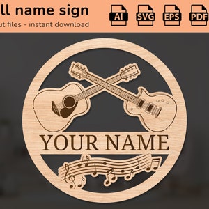 Panneau de nom de mur de pépinière de groupe de rock de guitares | décoration intérieure | conception découpée au laser | pour les enfants | Ai, EPS, PDF, DXF