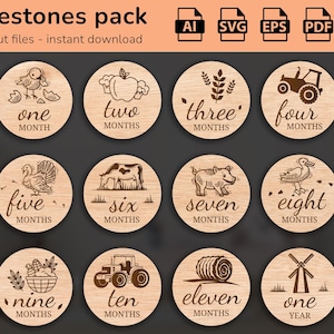 Tracteur agricole - 12 jalons mensuels dessinés à la main pour bébé SVG | Fixé de quelques mois à un an | Fichier de coupe numérique | Marqueurs photo Glowforge