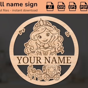 Targa con nome della carrozza della principessa | arredamento d'interni | disegno tagliato al laser | per bambini | Ai, EPS, PDF, DXF