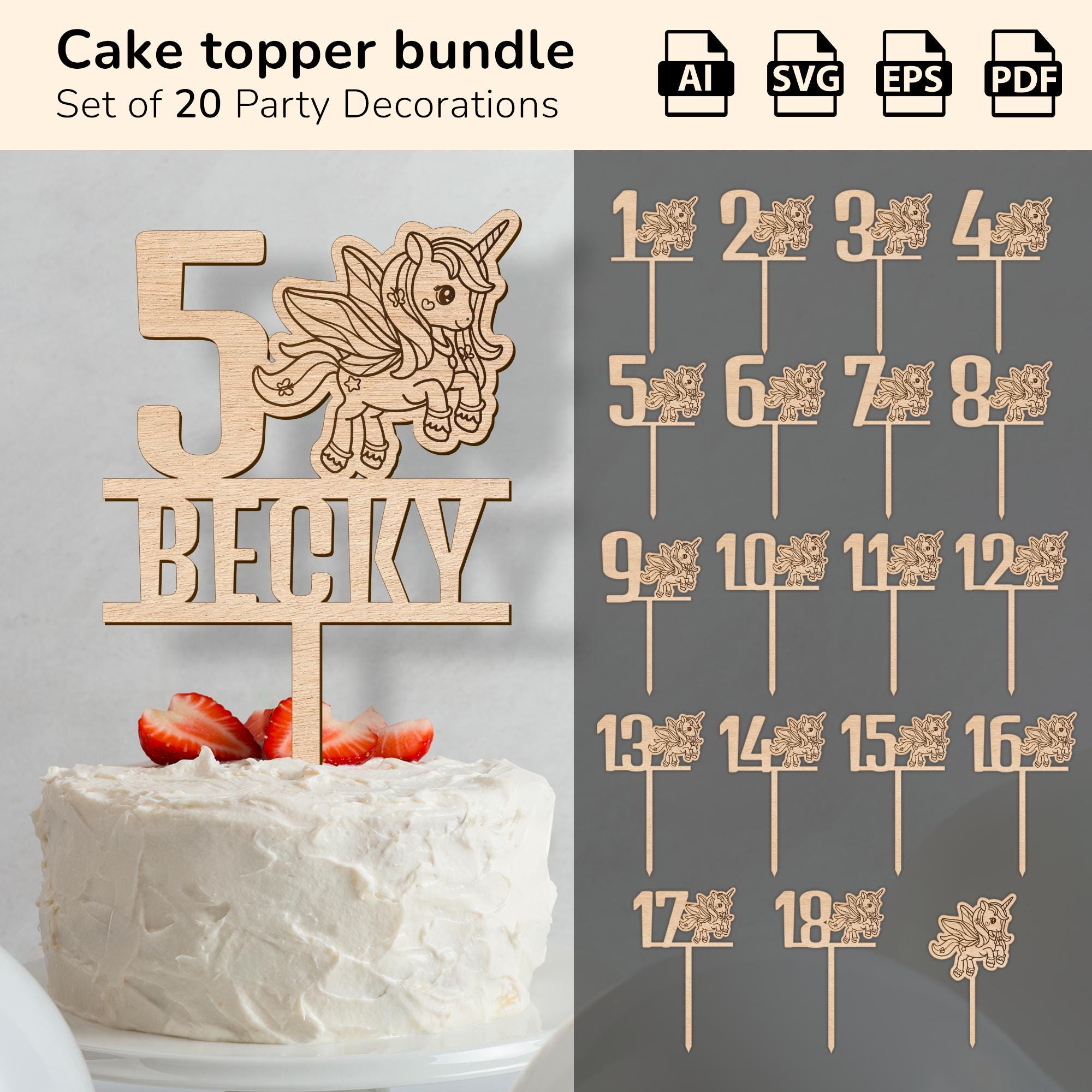 Einhorn Cake Topper Set 6-teilig In Rosa - Deko Für Geburtstag, Baby Shower & Hochzeit