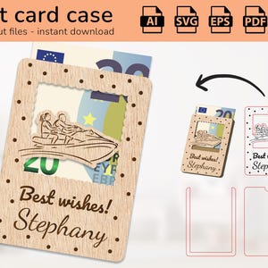 May include: A laser cut wooden gift card holder with a cutout design of a couple riding a jet ski. The holder has a slot for a gift card or cash and the text "Best wishes! Stephany" is engraved on the front.