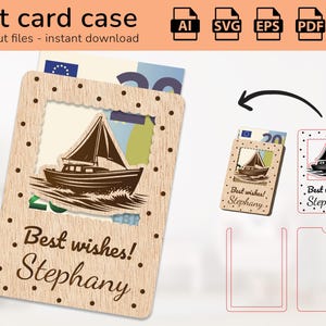 Personalisierte Segelboot Fall Geschenkkartenhalter Geld | Namensschild | Laser fertig geschnittenes Design | Ai, EPS, PDF, DXF, svg