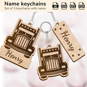 May include: Set of three wooden keychains featuring a brown semi-truck design with the name "Henry" engraved on each. One keychain has a rectangular tag with the name "Henry" and stars.