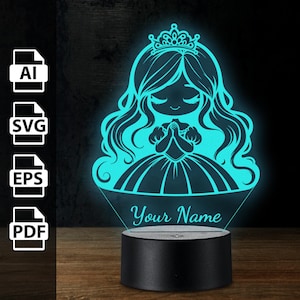 Prinzessin personalisierte 3D-Lampe Acryl-LED-Licht | Laserschnittdateien ai, eps, pdf, svg