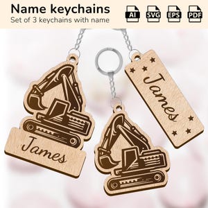 Llavero con dije de excavadora para vehículo de construcción / Letrero con nombre personalizado / Diseño cortado a láser Glowforge / Ai, EPS, PDF, SVG