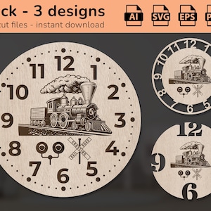 Letrero de pared con reloj de tren, locomotora, decoración de interiores, diseño cortado con láser, descarga, Ai, EPS, PDF, DXF