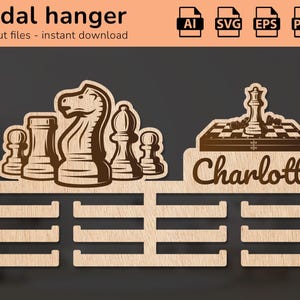 Porte-médaille d'échecs mural cintre nom de récompense | décoration d'intérieur | design découpé au laser | pour les enfants | IA, EPS, PDF
