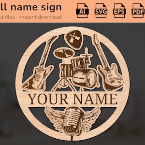 Rockband drums gitaar kinderkamer naambordje | interieurdecoratie | lasergesneden ontwerp | voor kinderen | Ai, EPS, PDF, DXF