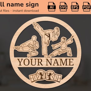 Sinal de nome da parede do berçário do tema do esporte das artes marciais do karatê | decoração de interiores | desenho de corte a laser | para crianças | AI, EPS, PDF, DXF