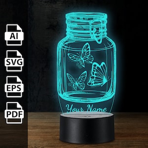 Glas mit Schmetterlingen Schmetterling personalisierte 3D-Lampe Acryl-LED-Licht | Laserschnittdateien ai, eps, pdf, svg