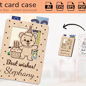 Estuche para regalo de cumpleaños con forma de osito de peluche, dinero, letrero con nombre, diseño cortado con láser, Ai, EPS, PDF, DXF, Svg