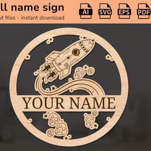 Signo de nombre de galaxia aeroespacial Rocketship | decoración de interiores | diseño cortado con láser | para niños | Ai, EPS, PDF, DXF