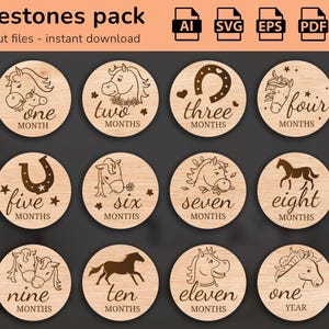 Chevaux - 12 jalons mensuels de bébé dessinés à la main SVG | Fixé de quelques mois à un an | Fichier de coupe numérique | Marqueurs photo Glowforge