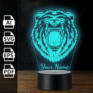 Bärenkopf wildes Tier personalisierte 3D-Lampe Acryl-LED-Licht | Laserschnittdateien ai, eps, pdf, svg