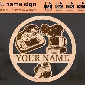 Targa con nome del giocatore di videogiochi retrò | arredamento d'interni | disegno tagliato al laser | per bambini | Ai, EPS, PDF, DXF