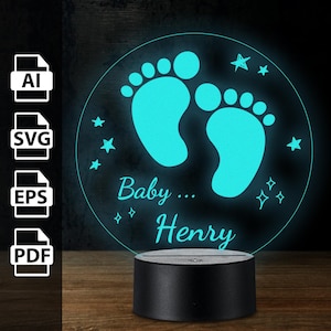 Baby Füße Kleinkind personalisierte 3D Illusion Namen Lampe Acryl LED Licht | Laserschnittdateien ai, eps, pdf, svg