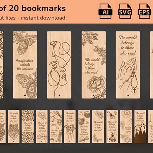 Bookmark bundle set of 20 svg Wooden template Engraved laser cut files Book lover gift Teacher gift Glowforge