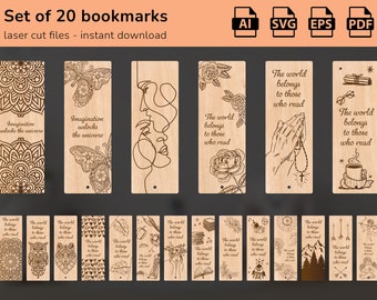 Bookmark bundle set of 20 svg Wooden template Engraved laser cut files Book lover gift Teacher gift Glowforge
