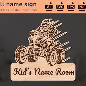 Könnte beinhalten: Ein lasergeschnittenes Wandzeichen mit der Silhouette einer Person, die ein Quad fährt, mit dem Text "Kid's Name Room".
