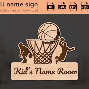 Signo de nombre del juego de baloncesto | decoración de interiores | diseño cortado con láser | para niños | Ai, EPS, PDF, DXF