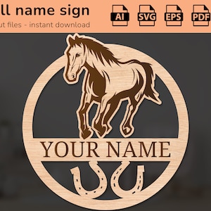 Bucking Horse Pferde Hufeisen Namensschild | Inneneinrichtung | Lasergeschnittenes Design | für Kinder | Ai, EPS, PDF, DXF