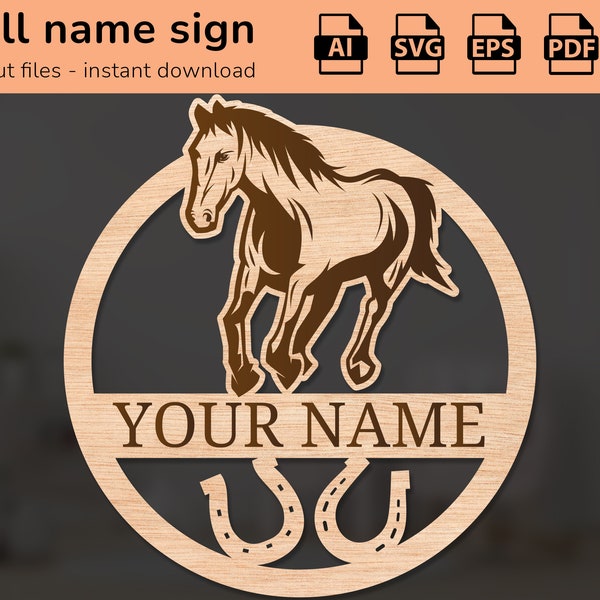 Bucking Horse chevaux signe de nom de fer à cheval | décoration intérieure | conception découpée au laser | pour les enfants | Ai, EPS, PDF, DXF